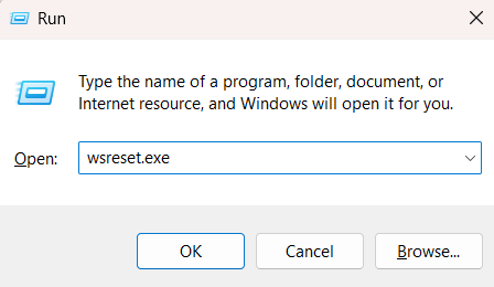 Windows Run dialog launching wsreset.exe to clear the Microsoft Store cache before retrying Forza Horizon 6 installation.