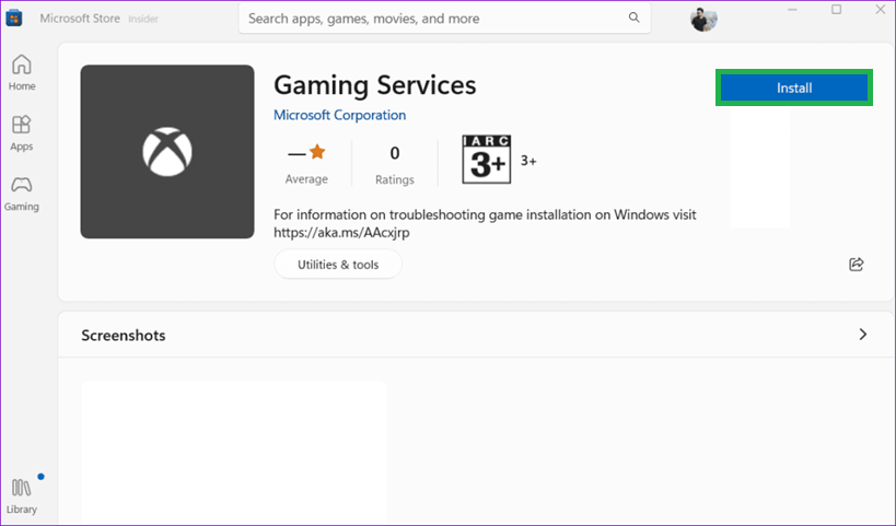 Microsoft Store Downloads or Library page being opened to install the latest Gaming Services update for Forza Horizon 6.