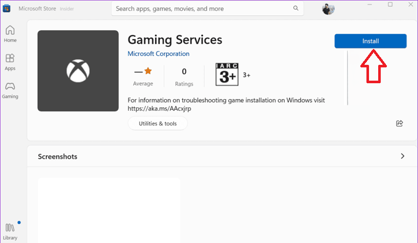 Xbox app showing the blue Gaming Services extra component install banner after the package was removed and restarted on Windows.