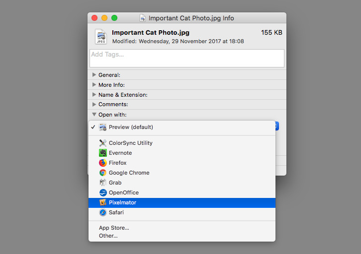 Get Info and Open With options on Mac being used to inspect a file that will not preview in Quick Look.