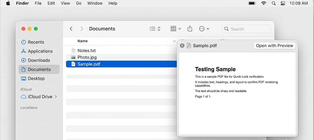 Finder testing Quick Look with a PDF image and text file to compare which file types preview correctly.