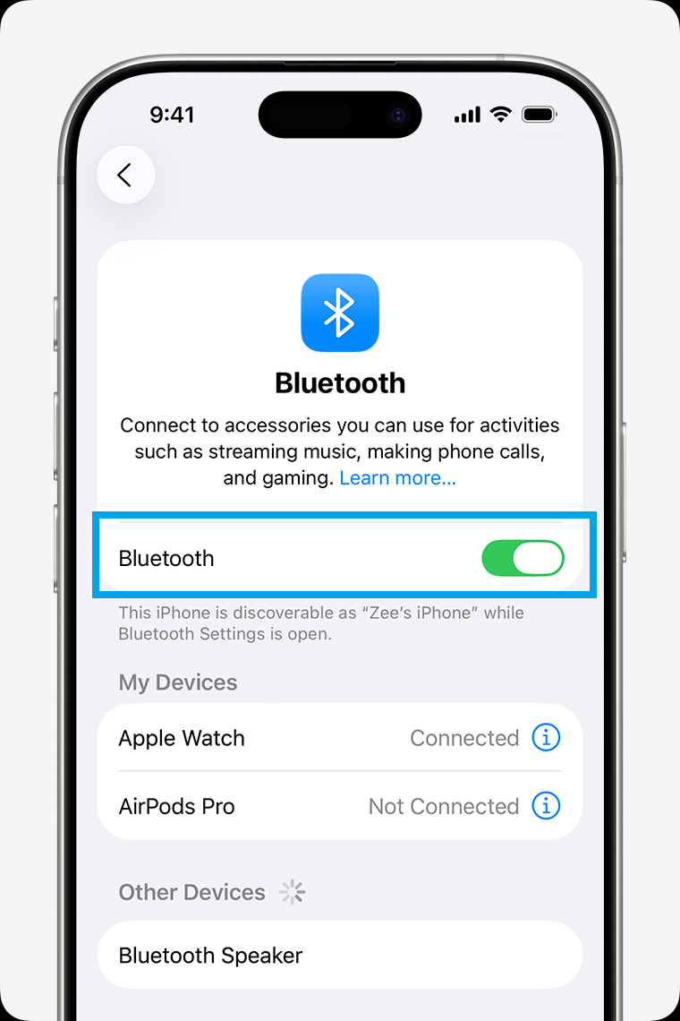 iPhone Settings showing the Bluetooth menu.