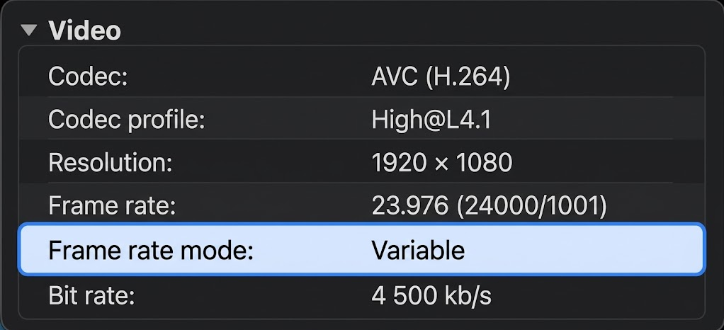 MediaInfo showing Frame rate mode set to Variable for a problem video file.