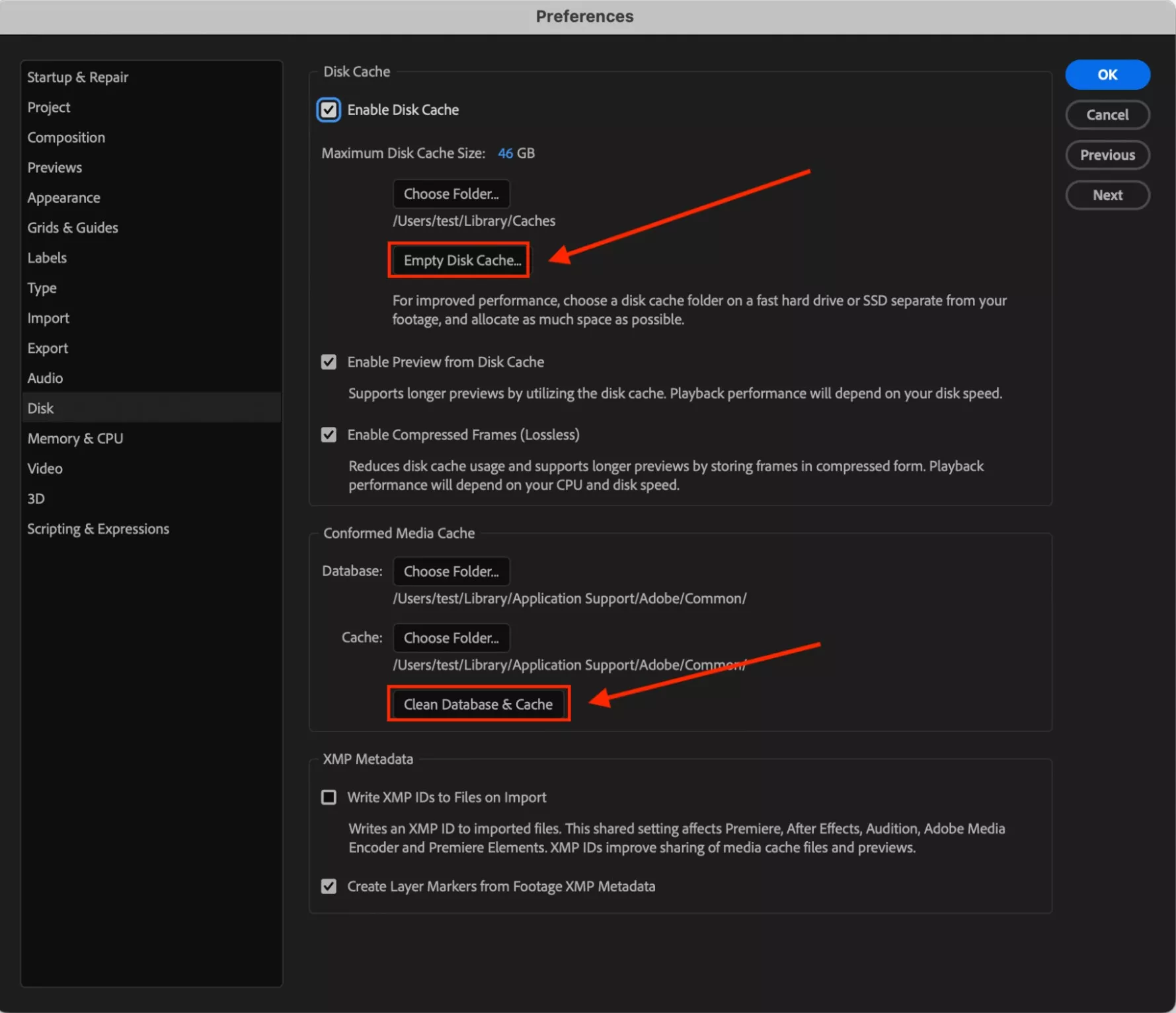 After Effects Media and Disk Cache preferences showing Clean Database and Cache.
