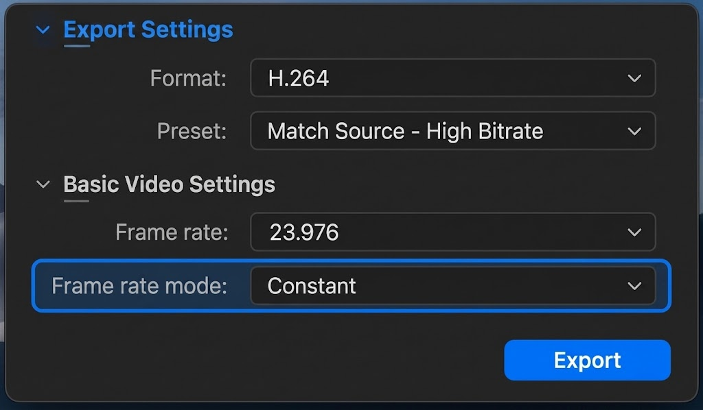 Video encoder export settings creating a constant frame rate copy for After Effects.
