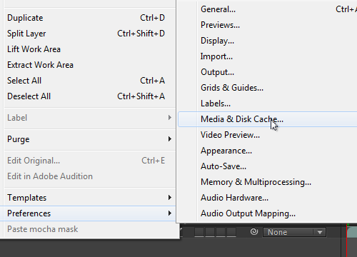 After Effects Preferences menu opening Media and Disk Cache settings on Windows.
