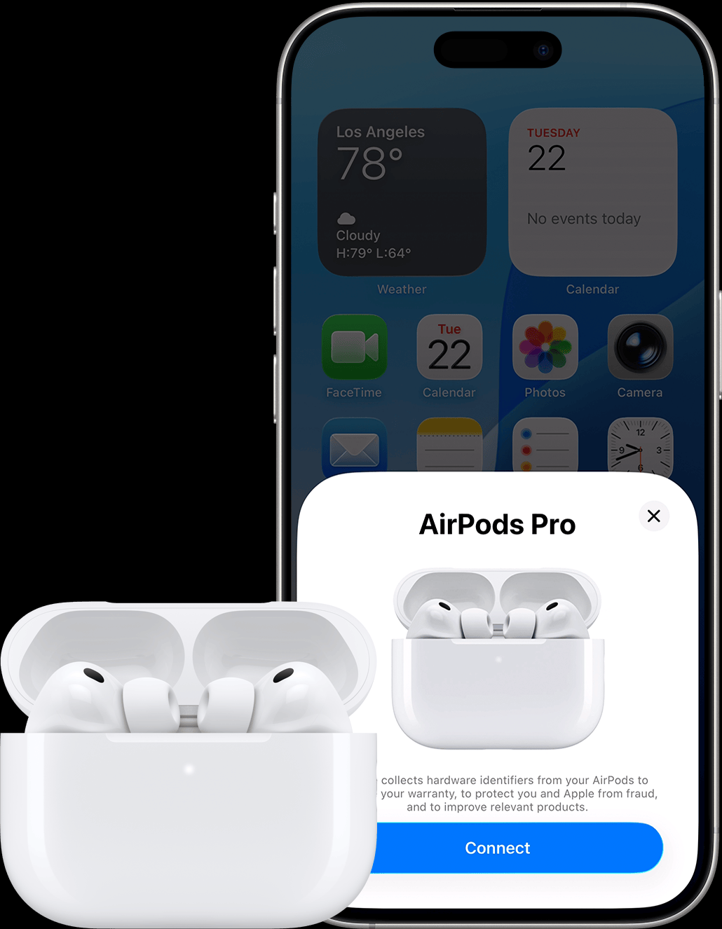 AirPods case opened near an unlocked iPhone for the setup card.