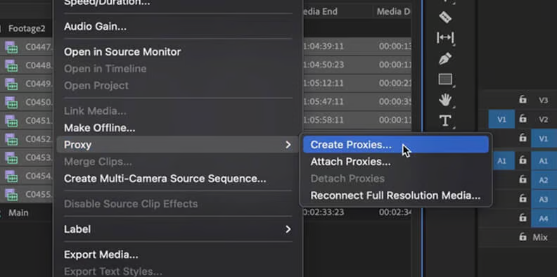 Premiere Pro Project panel right click menu showing Proxy then Create Proxies for the selected clip.