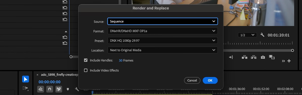 Premiere Pro timeline context menu using Render and Replace on a clip with heavy effects.