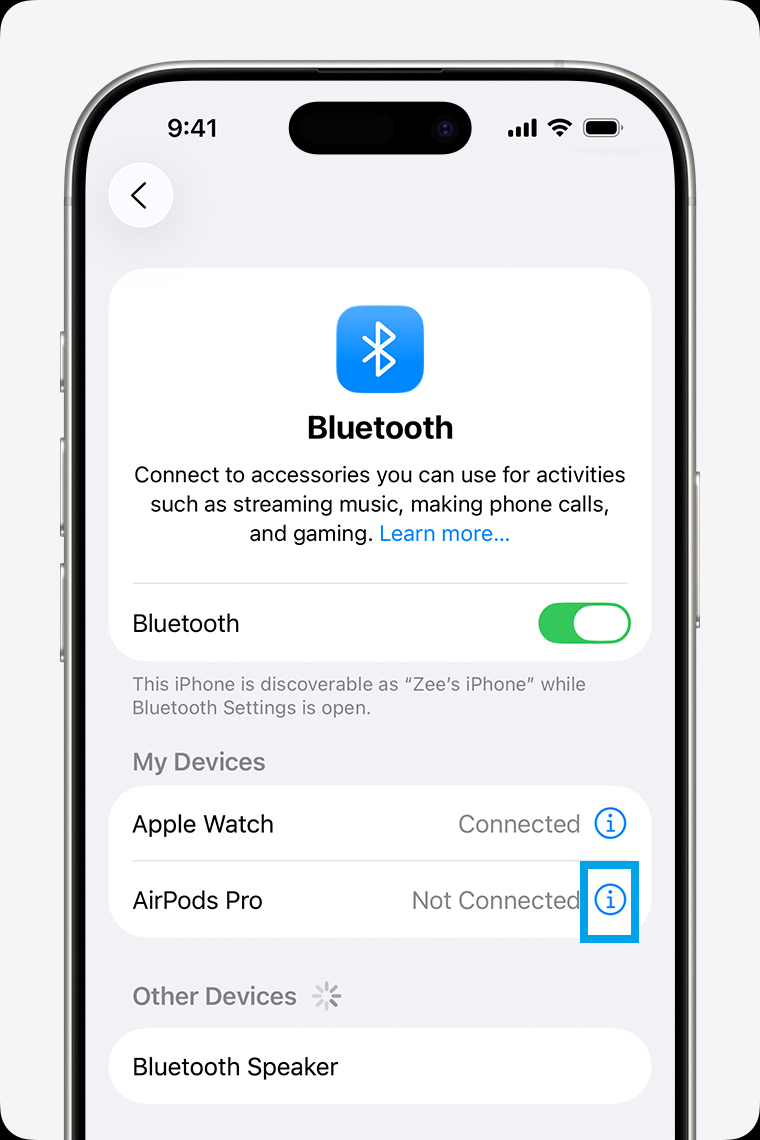 iPhone Bluetooth list showing the info button next to AirPods.