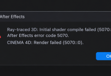 Adobe After Effects showing error code 5070 while rendering a 3D composition.