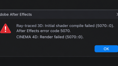 Adobe After Effects showing error code 5070 while rendering a 3D composition.