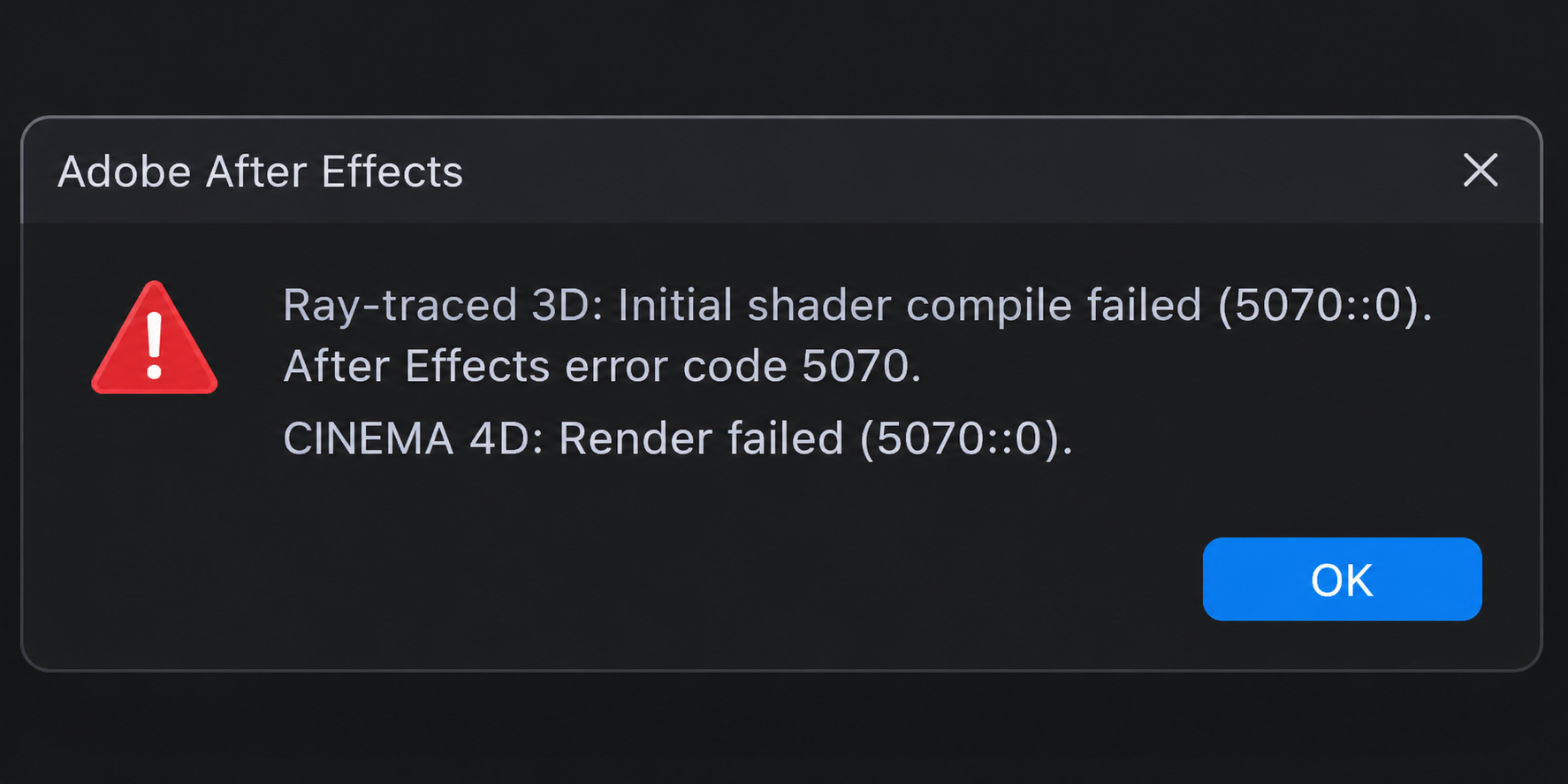 Adobe After Effects showing error code 5070 while rendering a 3D composition.