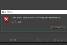 Adobe After Effects showing Overflow converting ratio denominators 17 18 error while opening a composition.