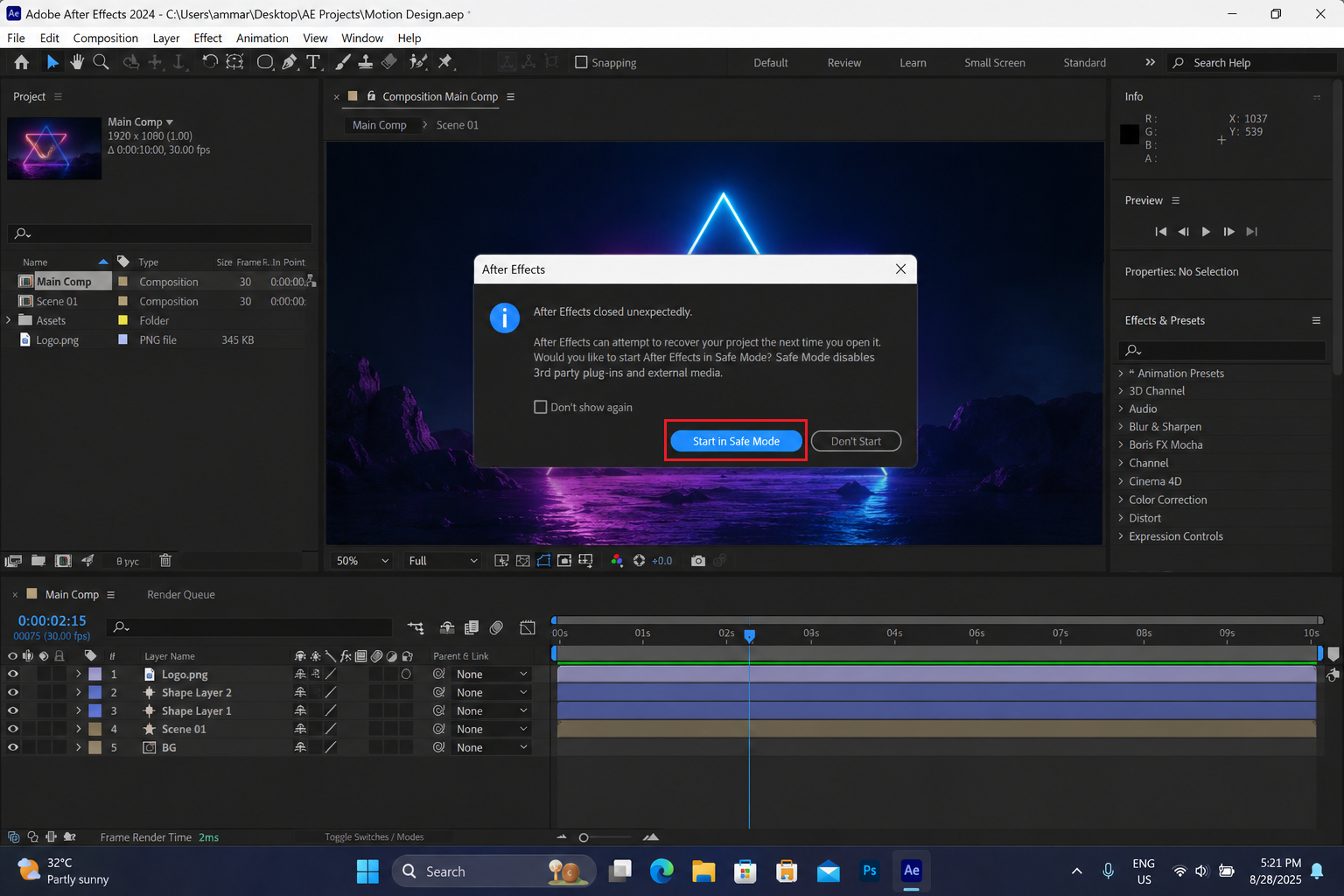After Effects started in Safe Mode while third-party plugins are disabled for testing error 5070.