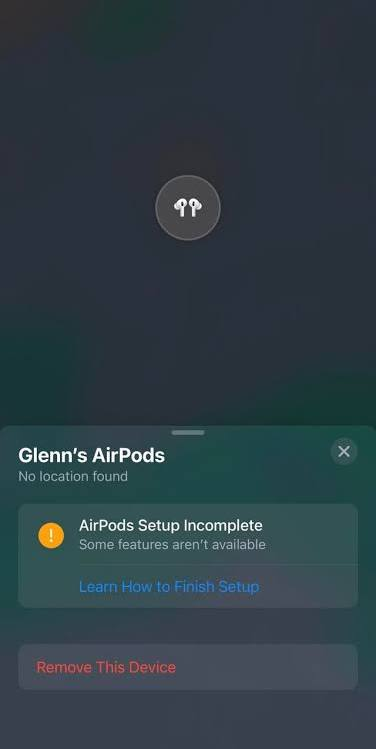 iPhone Find My app showing AirPods Setup Incomplete alert for connected AirPods.