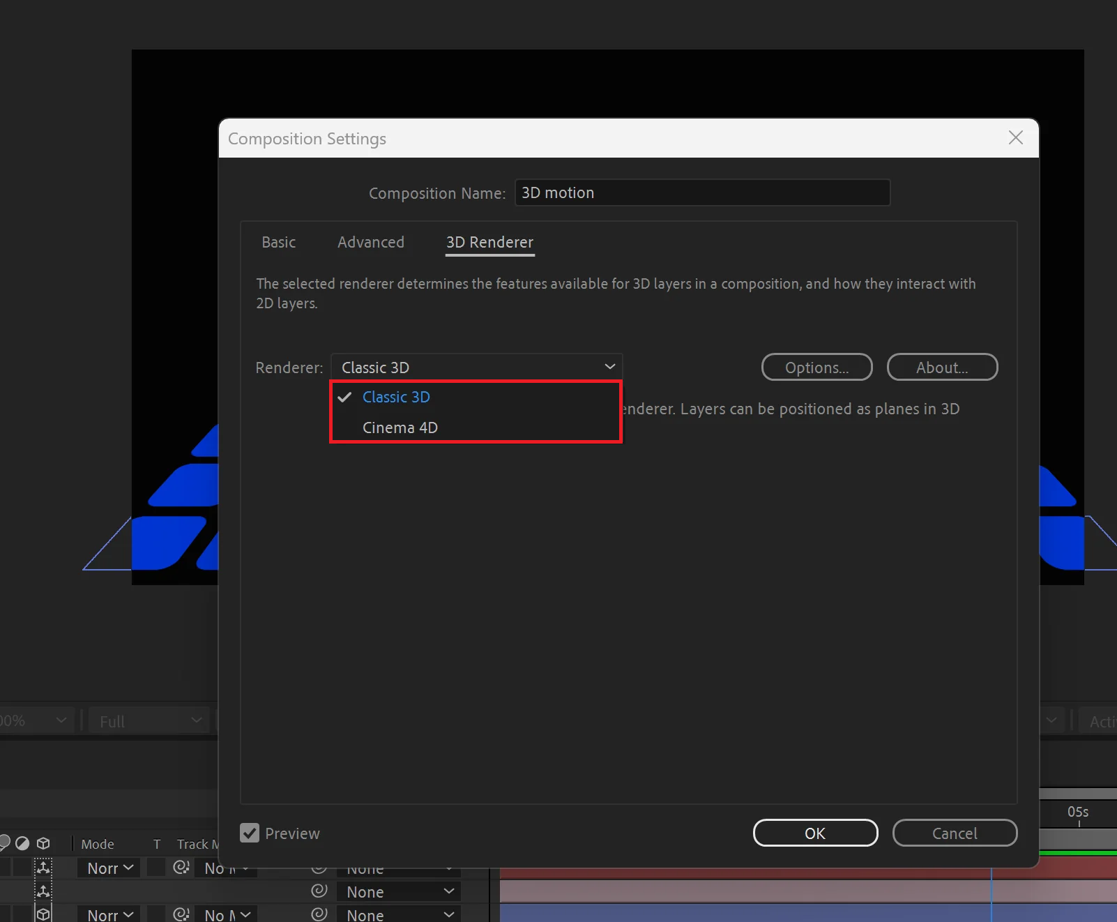 After Effects Composition Settings 3D Renderer tab showing the active renderer for a comp with error 5070.