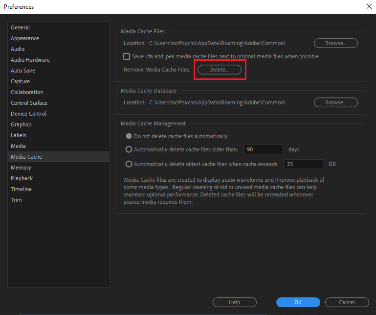 Premiere Pro Media Cache preferences with the Delete button selected for media cache files.