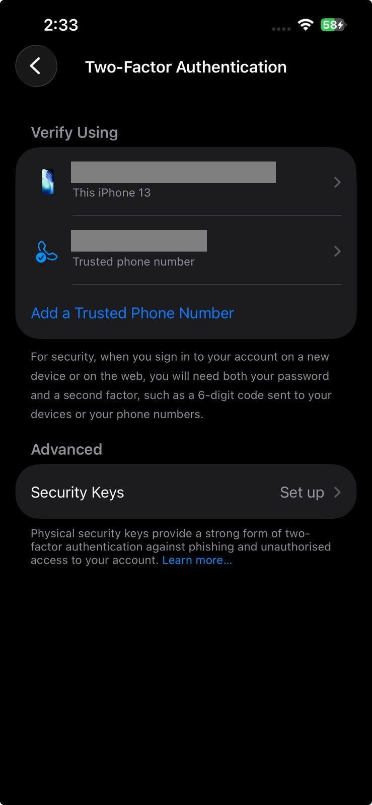 iPhone Apple Account settings showing two-factor authentication and iCloud Passwords sync enabled.
