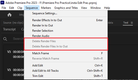 Premiere Pro Sequence menu showing Delete Render Files before rendering a selected timeline range.