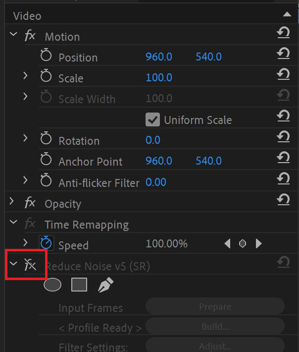 Premiere Pro Effect Controls panel with effects disabled around a frame retrieval error timecode.