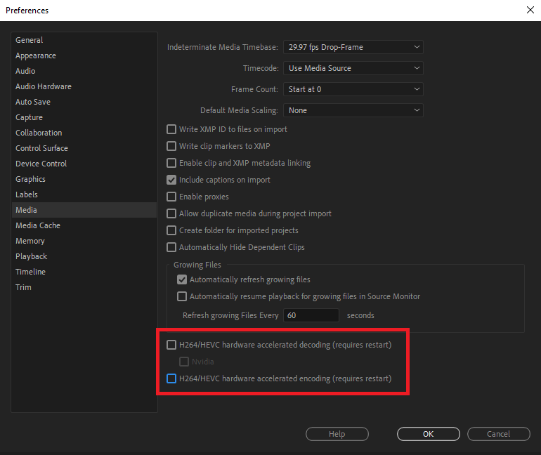 Premiere Pro Media settings showing H.264 and HEVC hardware accelerated decoding options disabled.