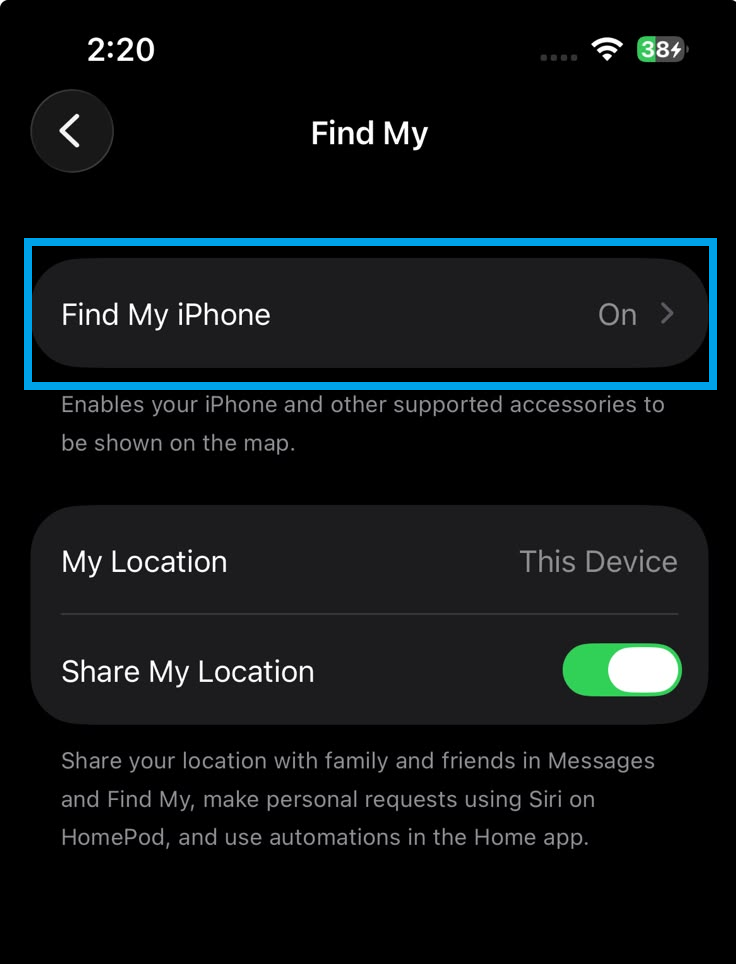 iPhone Settings showing Find My iPhone and Find My network enabled.