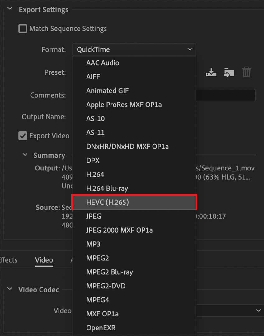 Premiere Pro export settings marking a small range around an Error retrieving frame timecode.