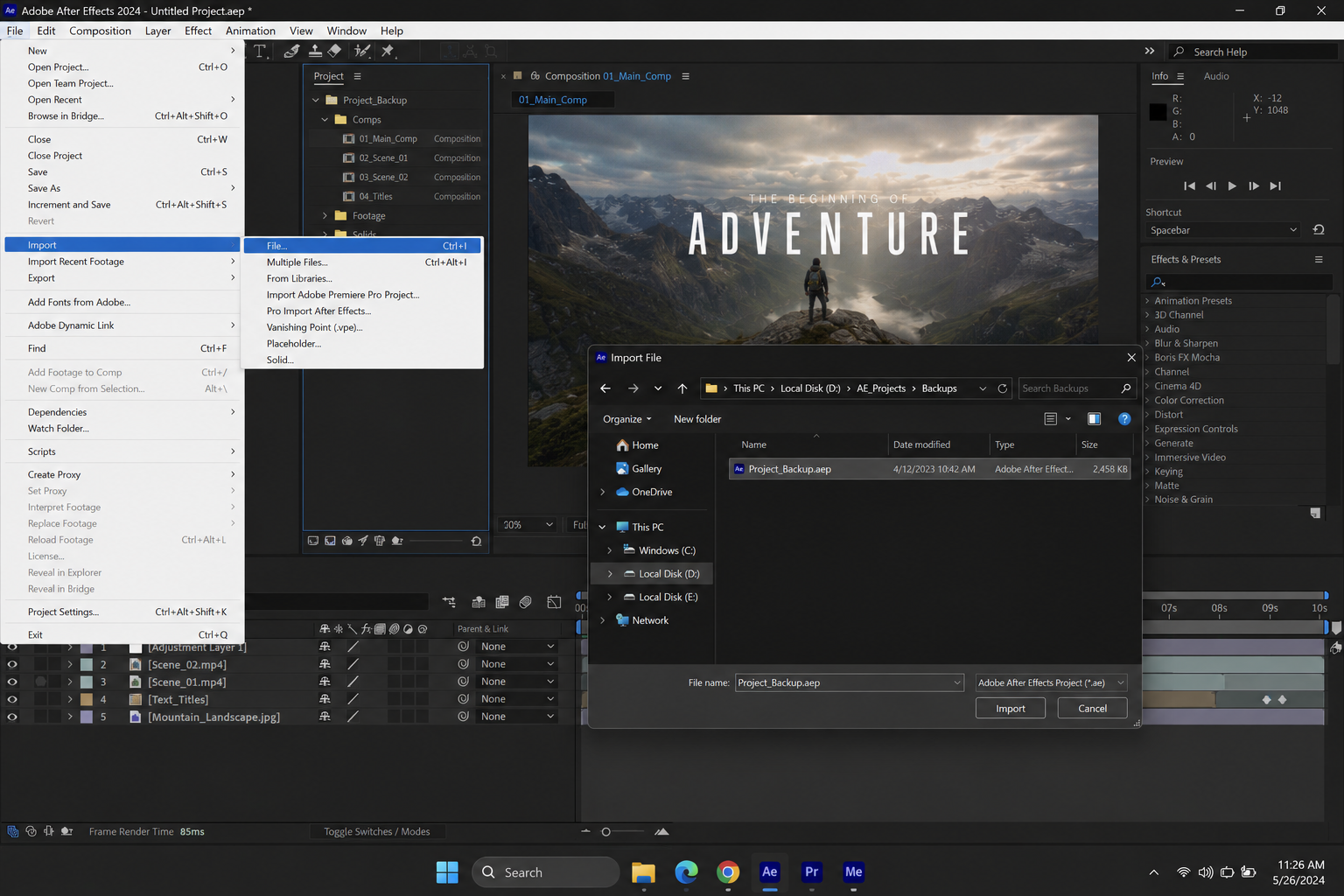 After Effects importing an old AEP project into a fresh project to recover from ratio denominator error.