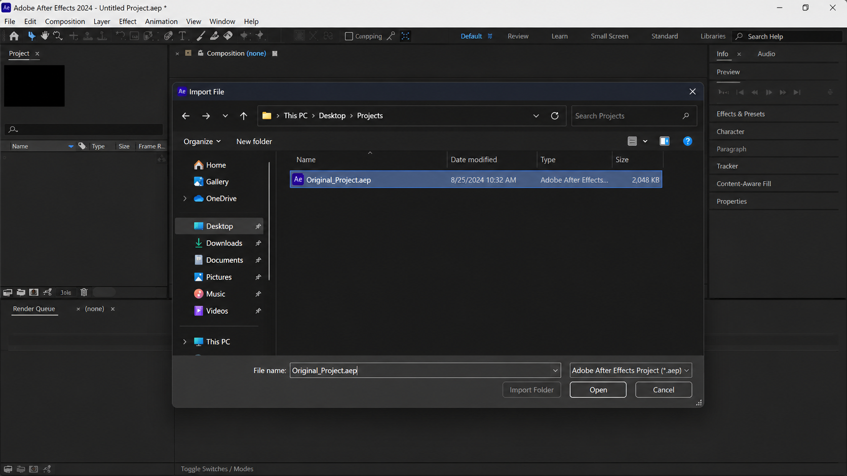 After Effects importing an old project into a fresh project to test a 5070 composition.