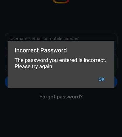 Instagram login screen showing an Incorrect Password error even though the user entered the expected password.