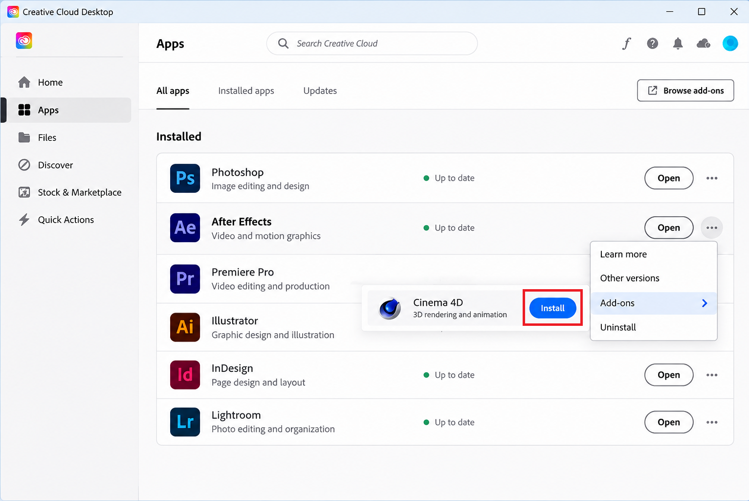 Creative Cloud desktop app showing Cinema 4D add-on for After Effects.