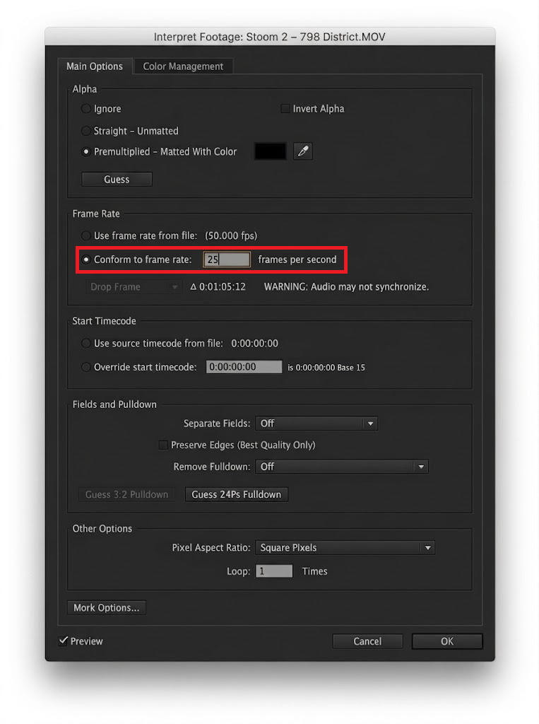 After Effects Interpret Footage dialog showing conform to frame rate for a problem clip.