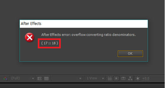 After Effects timeline with suspicious layers disabled to isolate overflow converting ratio denominators error.