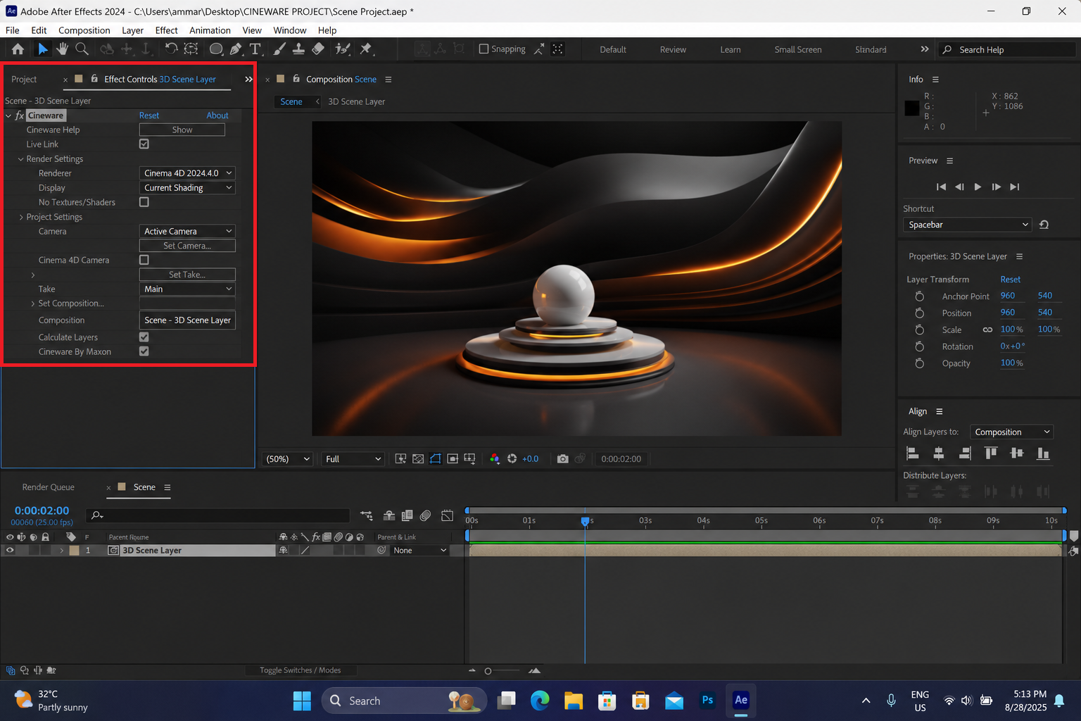 After Effects Cineware effect controls checked after launching Cinema 4D once.