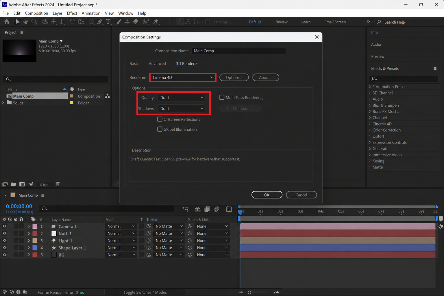 After Effects Cinema 4D renderer options with quality lowered for a failed 5070 comp.