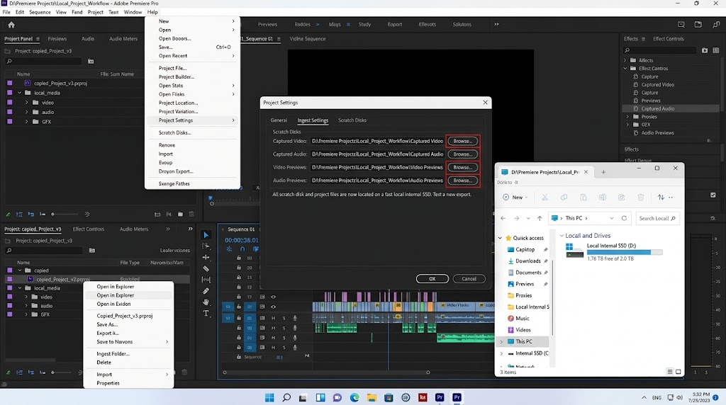 Premiere Pro project folder copied from external or cloud storage to a local SSD before relinking media.