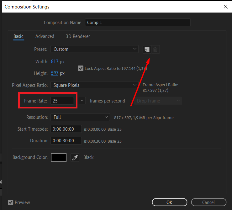 After Effects Composition Settings showing an odd frame rate changed to a standard frame rate.