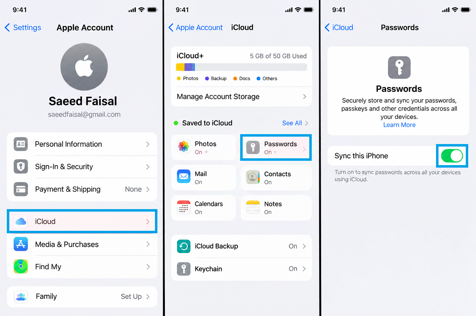 iCloud Passwords settings showing Sync this iPhone enabled for iCloud Keychain.