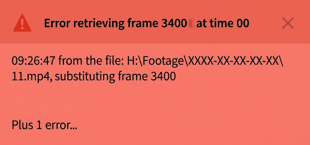 Premiere Pro Events panel highlighting the file name and timecode for Error retrieving frame.
