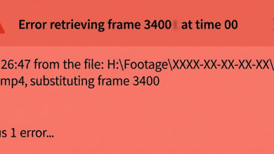 Adobe Premiere Pro Events panel showing Error retrieving frame at a specific timecode from a video file.