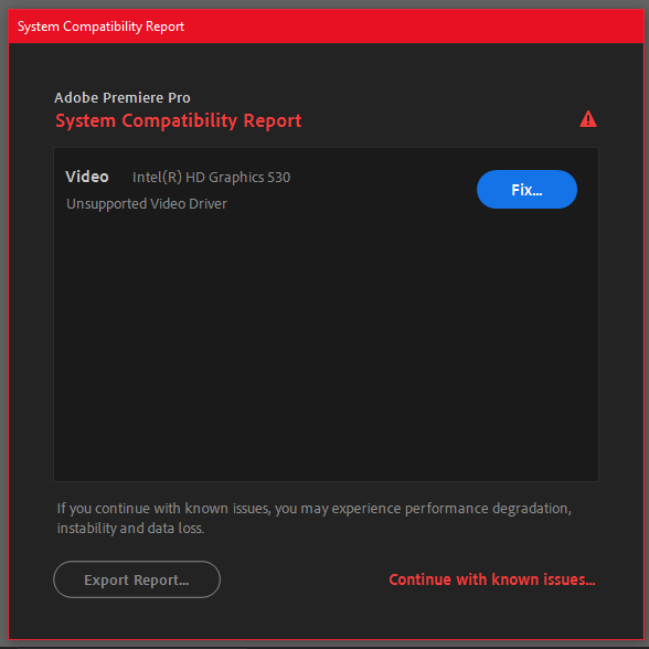 Premiere Pro System Compatibility Report showing GPU driver status before troubleshooting frame errors.