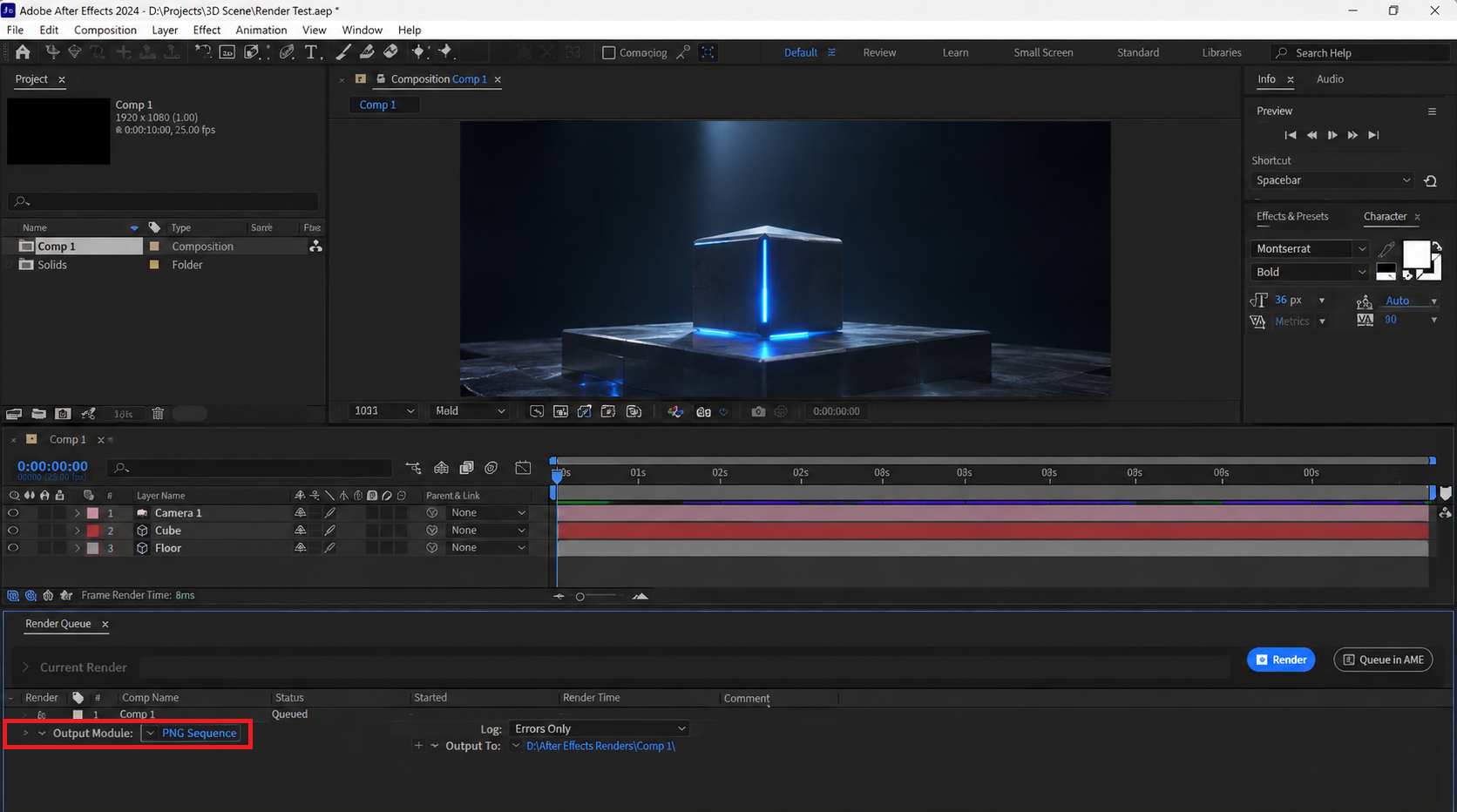 After Effects Render Queue exporting a failed 3D section as an image sequence.