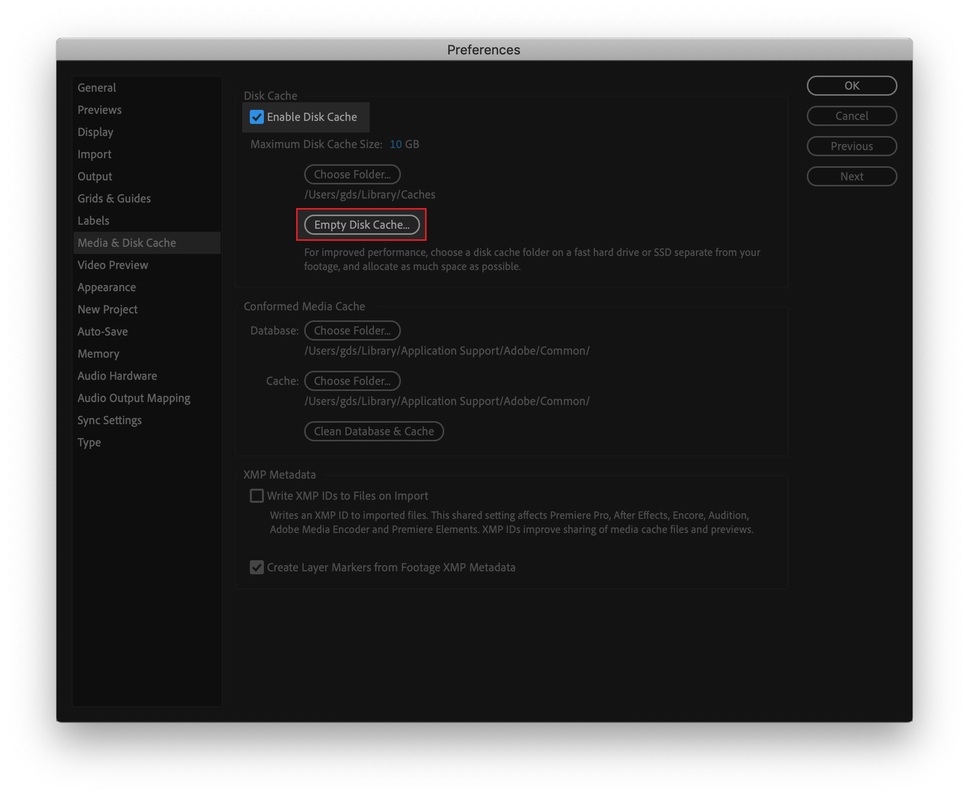 After Effects Purge All Memory and Disk Cache command and Media and Disk Cache settings.