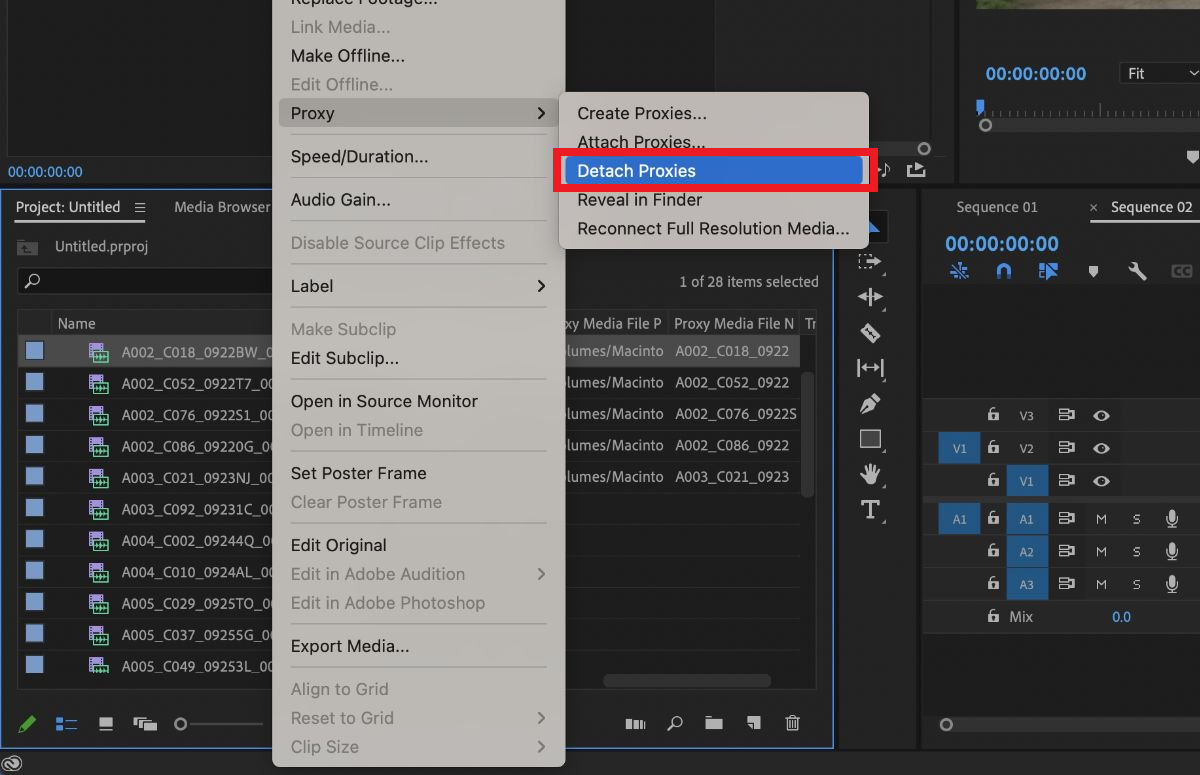 Premiere Pro Project panel showing Proxy menu options to detach and create proxies for a problem clip.