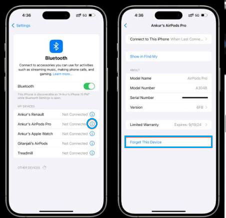 Find My Devices screen showing Remove This Device for AirPods before pairing them again.