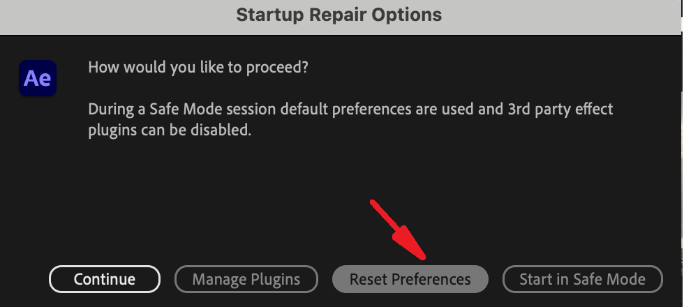 After Effects Safe Mode and preference reset prompt used after overflow converting ratio denominators persists.