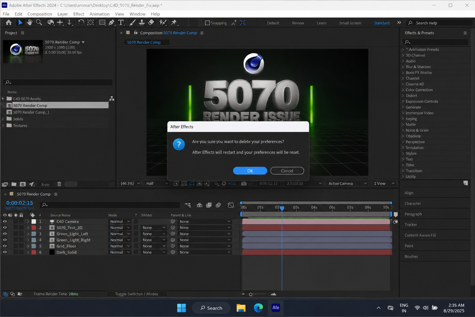 After Effects preference reset prompt and Creative Cloud reinstall option for Cinema 4D.