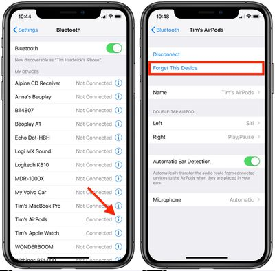 AirPods reset process showing Forget This Device and status light flashing amber then white.
