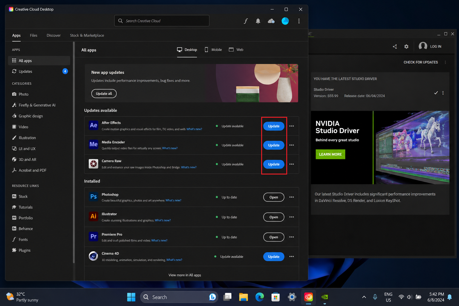 Creative Cloud updates for After Effects and Cinema 4D next to a GPU driver download page.
